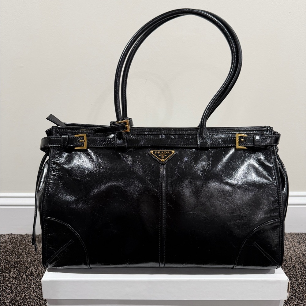 Prada Bonnie Large Black Glossy Leather Handbag